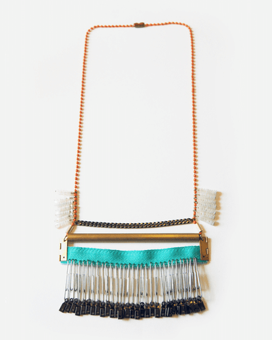 Collaged Bar Necklace Teal & Orange